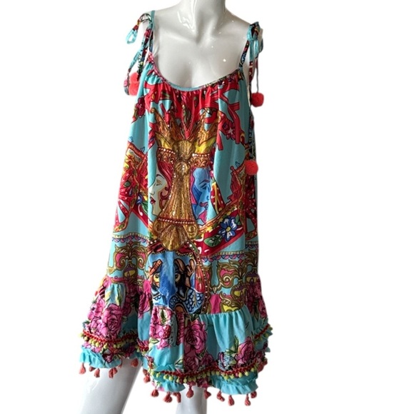 Antica Sartoria by Giacomo Cirque Baroque Blue Multi Pom Pom & Tassel Dress OS - Picture 2 of 12